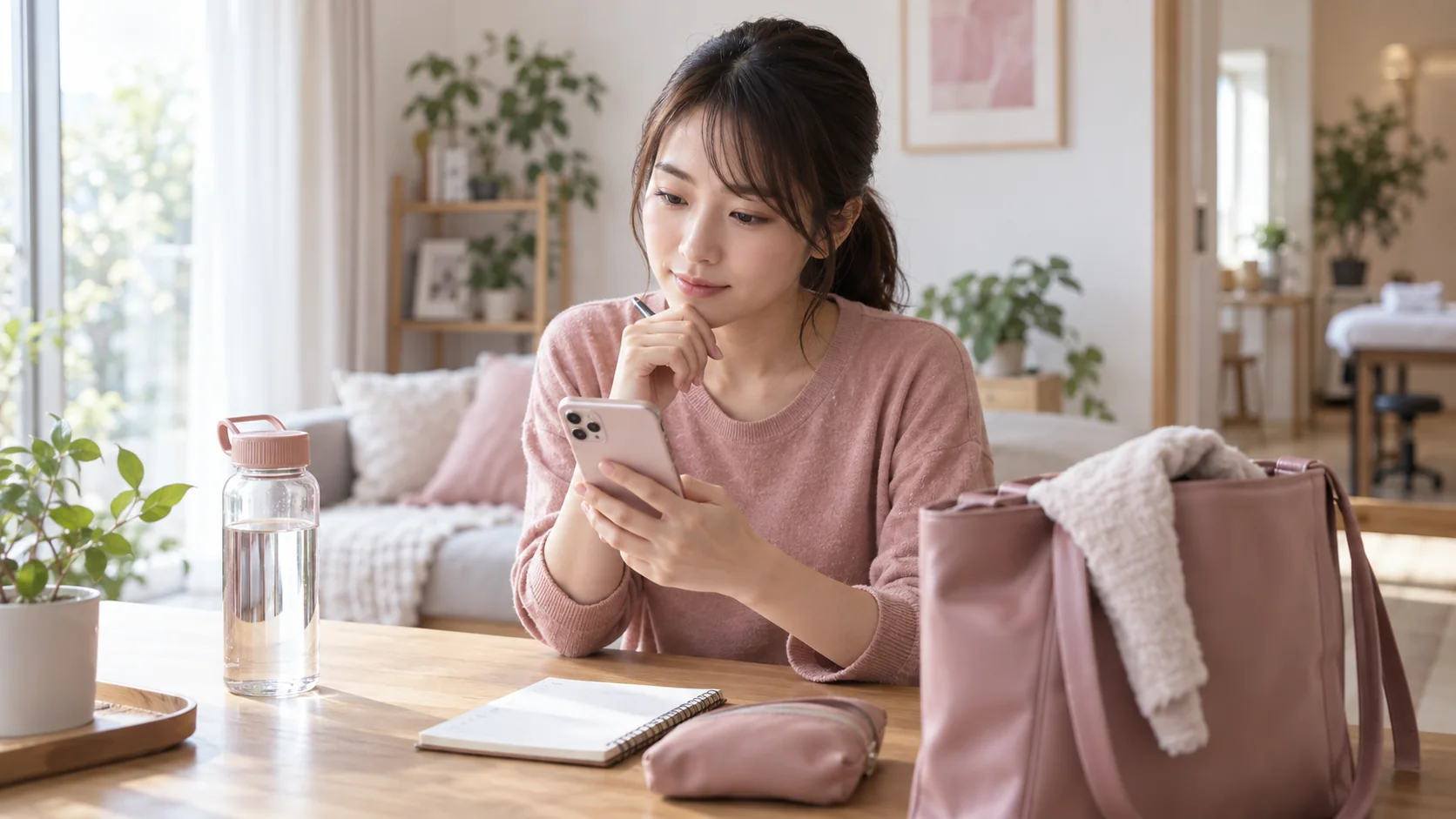 症状メモや飲み物を用意して整体へ行く準備をする女性