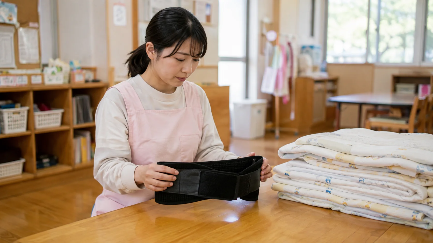 布団運びの前にコルセットの使用を検討する保育士