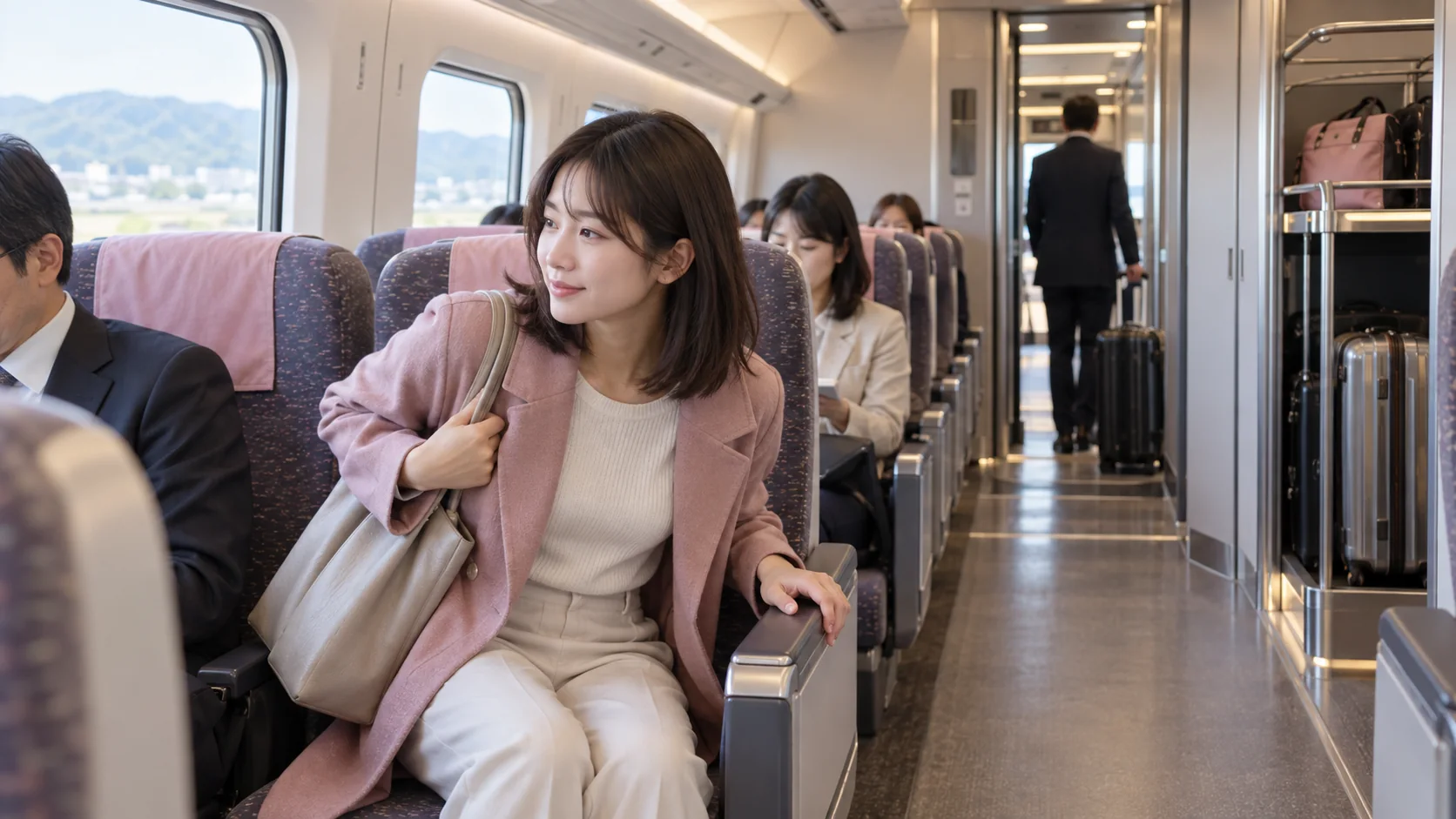 新幹線の通路側座席を選ぶ女性