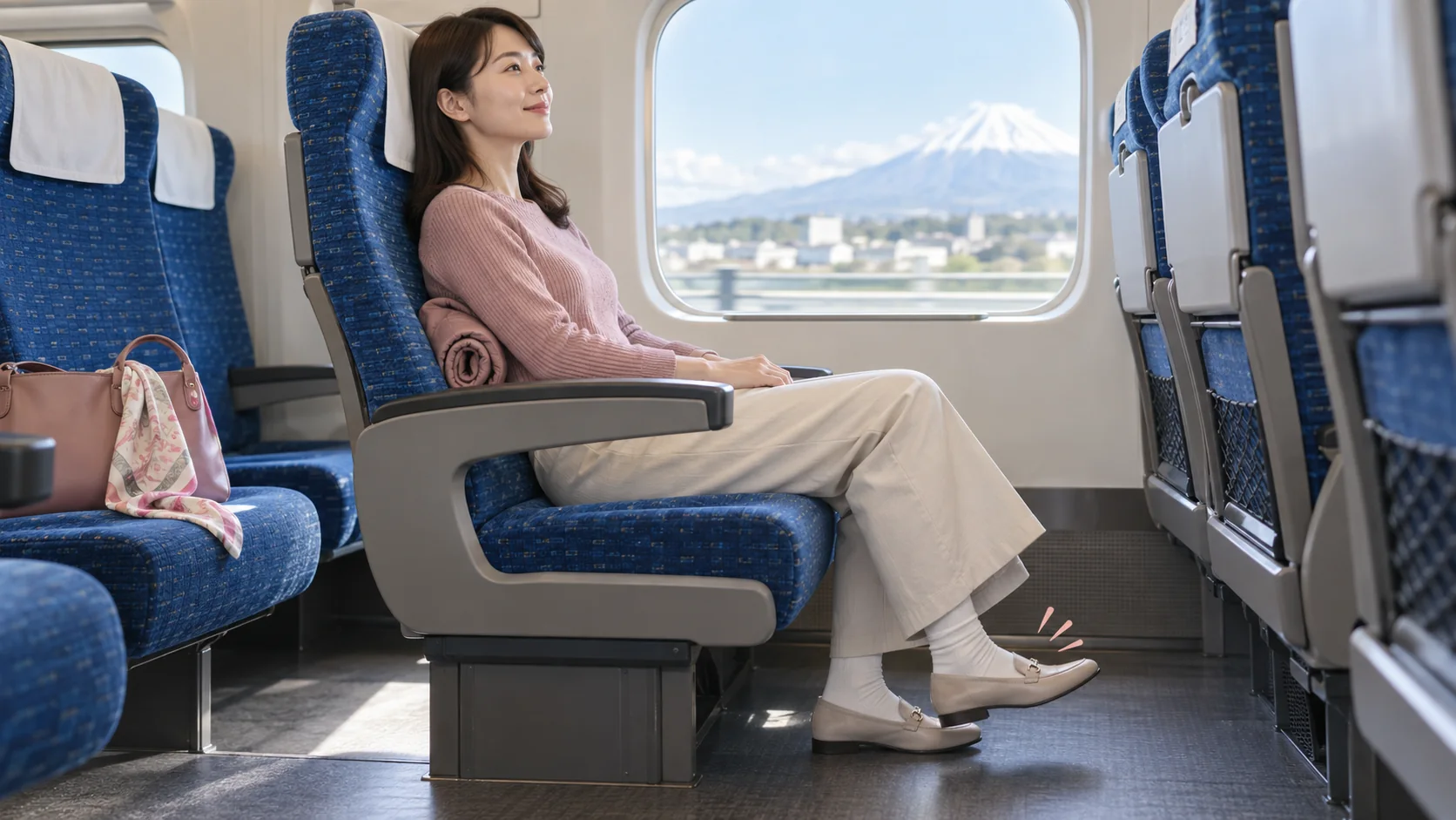 新幹線の座席で腰を支えて体を動かす女性