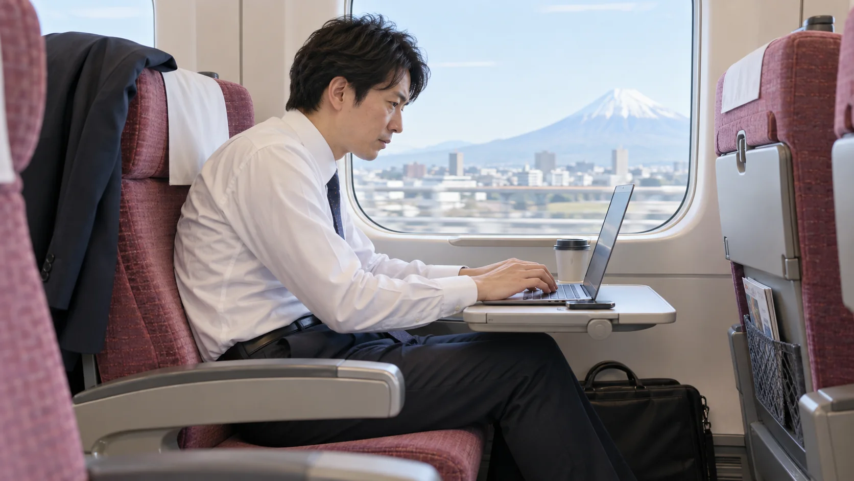 新幹線で長時間座り腰に負担がかかる男性