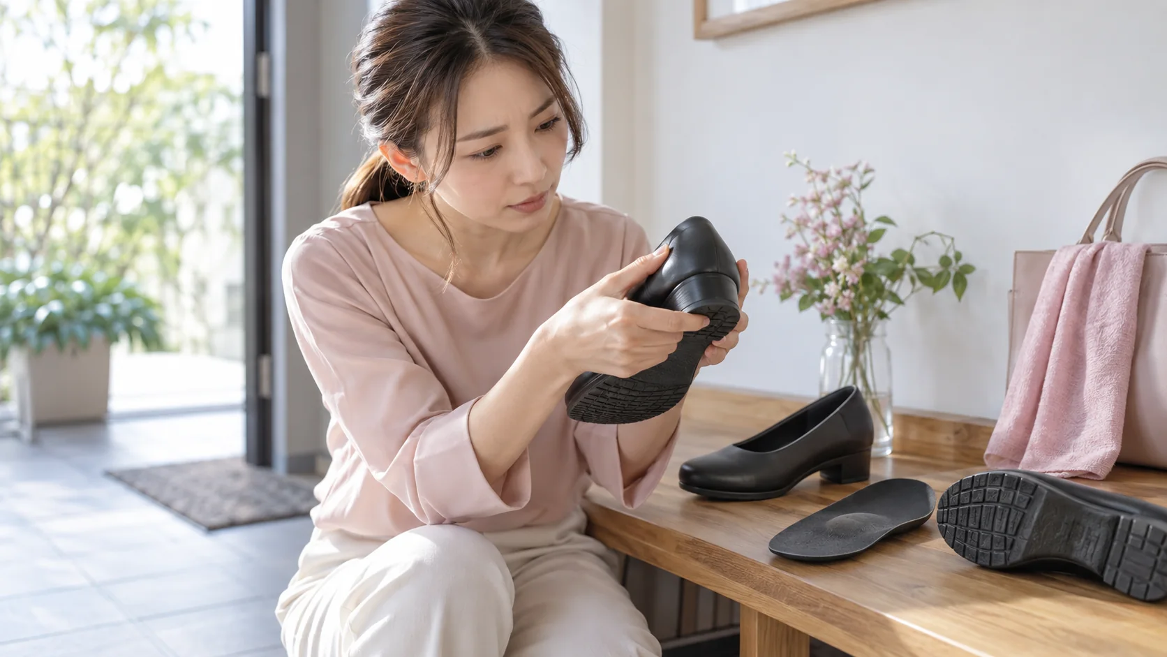 かかとの芯や靴底の減り方を確認する女性