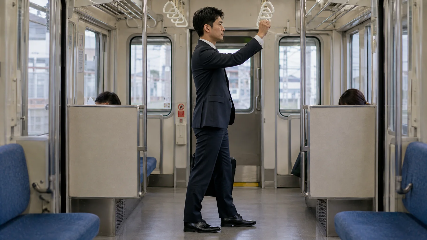 足を前後に開き膝をゆるめて電車に立つ男性