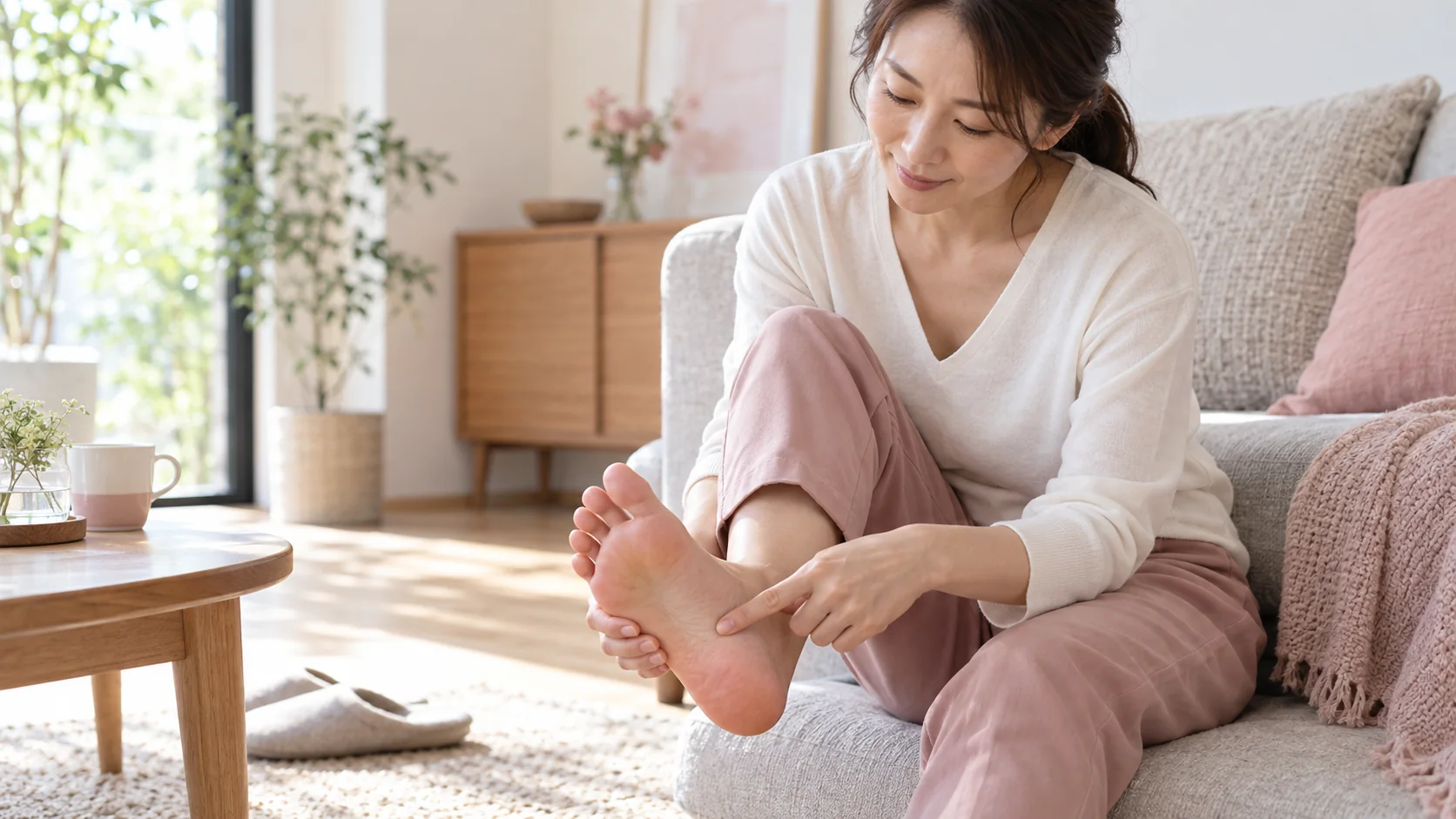 足の裏の痛む場所を確認する立ち仕事の女性