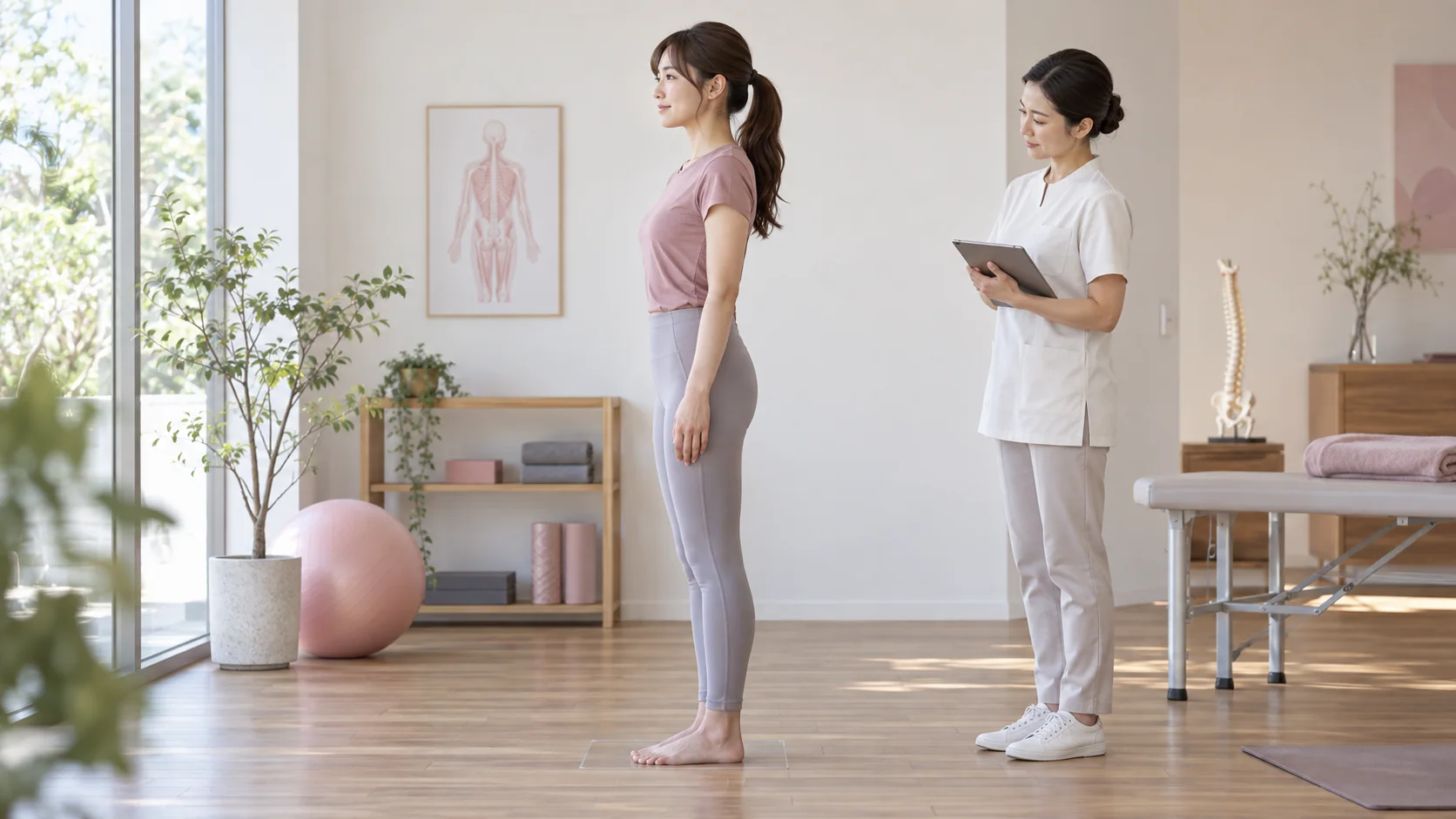 立ち姿勢と足への体重のかかり方を確認する女性