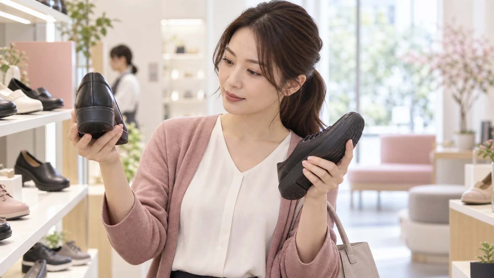 立ち仕事向けの靴を条件で選ぶ女性