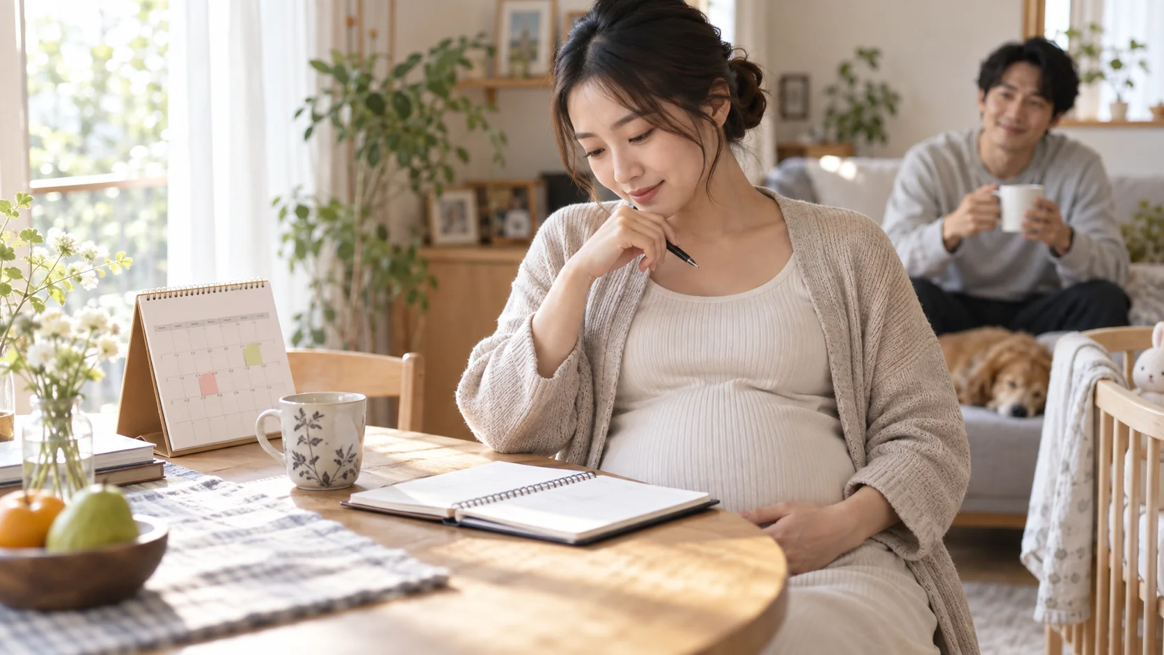 予定を確認しながら体調を考える妊婦