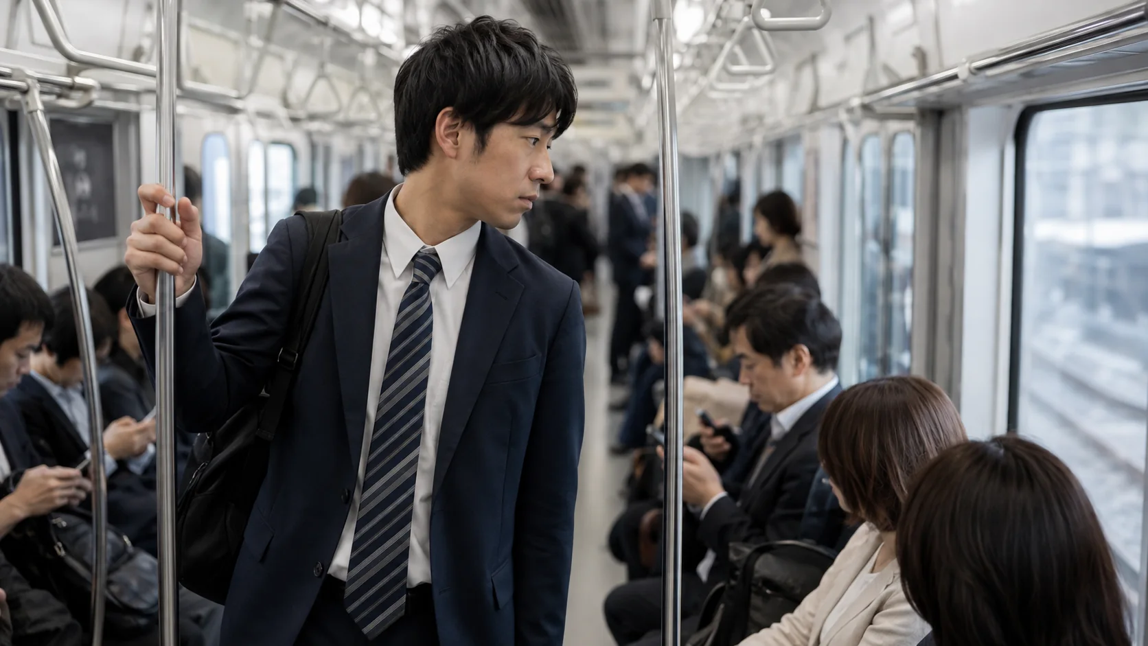 混雑状況を見て座るか立つか判断する通勤男性