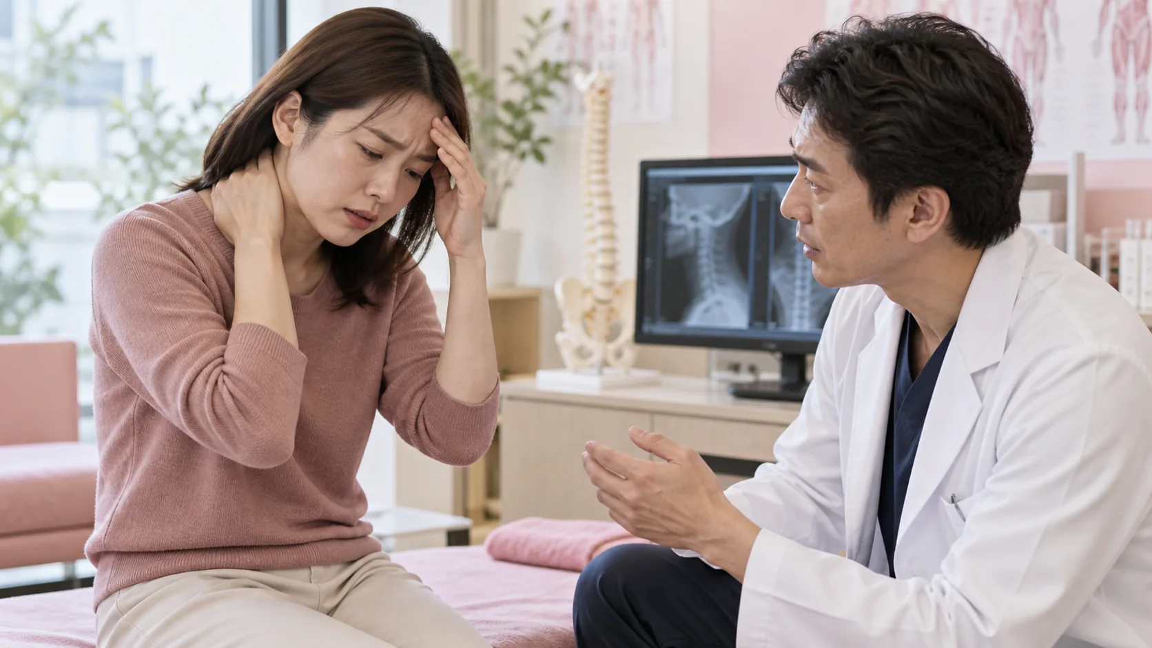 むちうちの頭痛やしびれを医師へ相談する女性