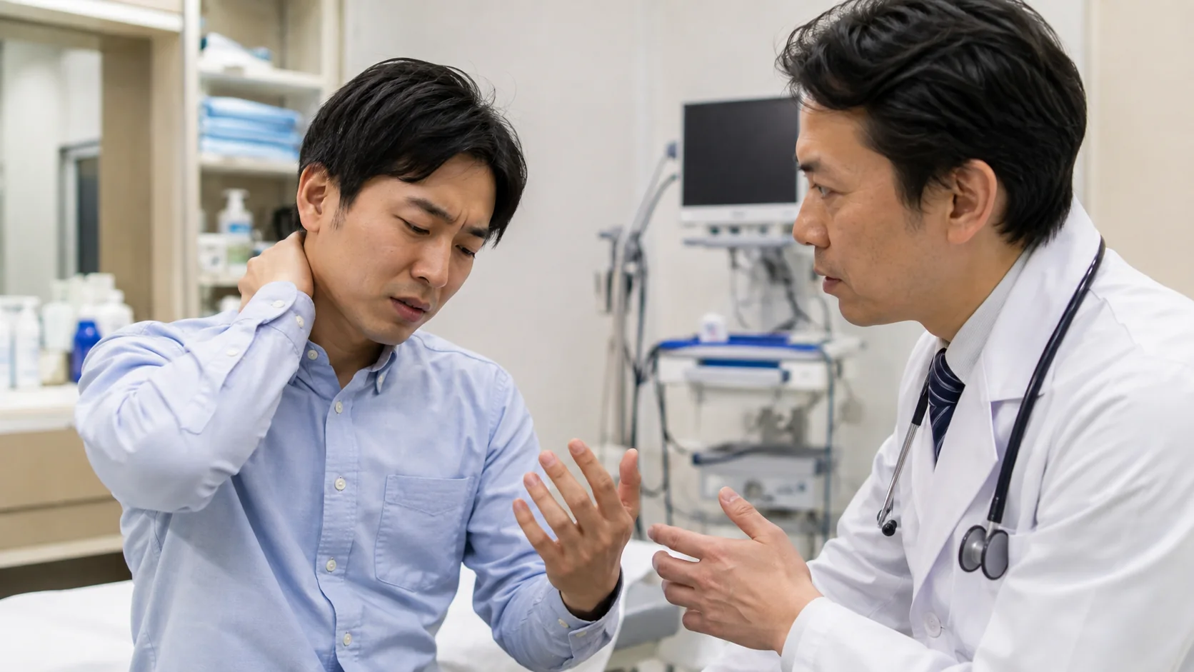 首の痛みと手のしびれを医師へ緊急相談する場面