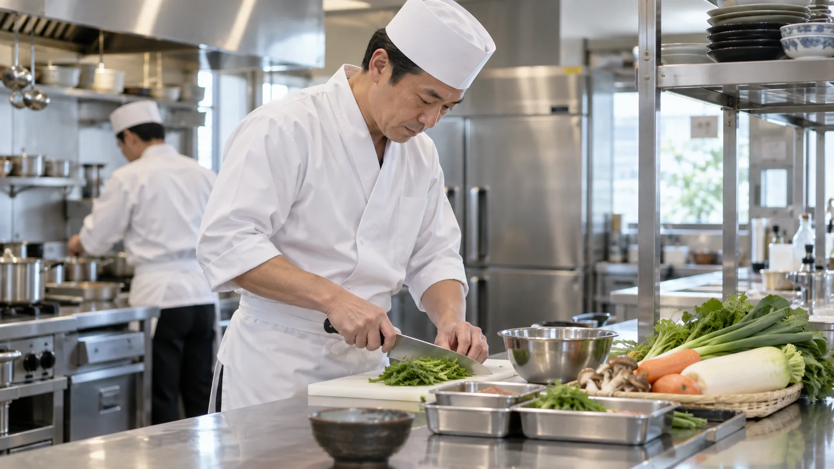 仕込み作業で前かがみになる調理師