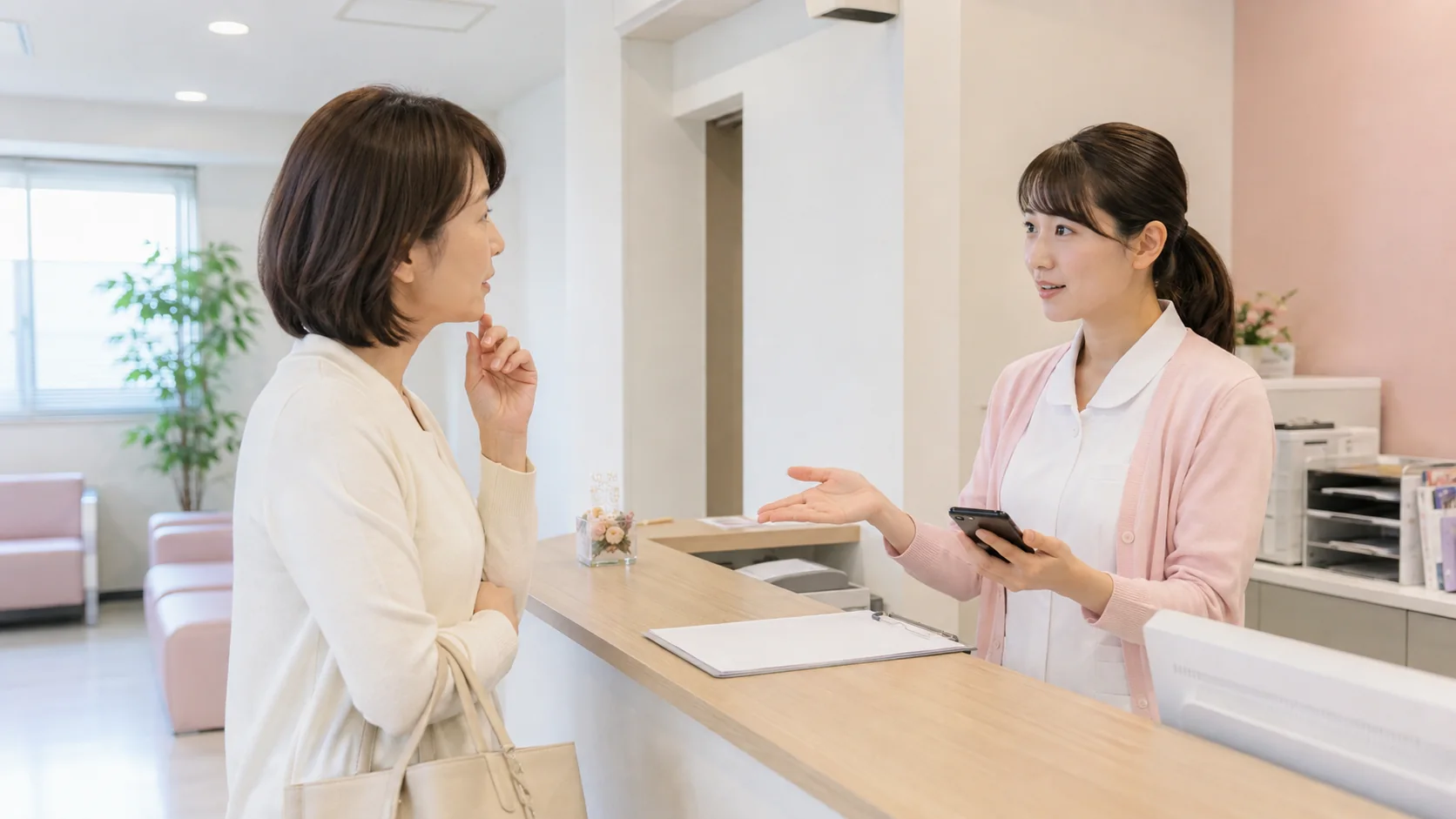 窓口負担なしになる仕組みを受付で確認する女性