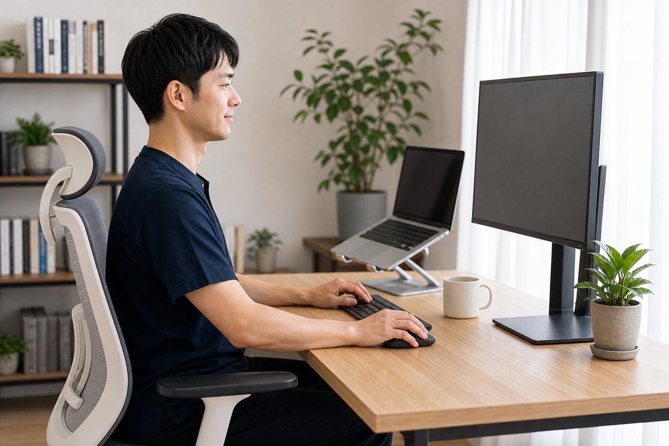 デスクワーク姿勢を見直して背中の負担を減らすイメージ