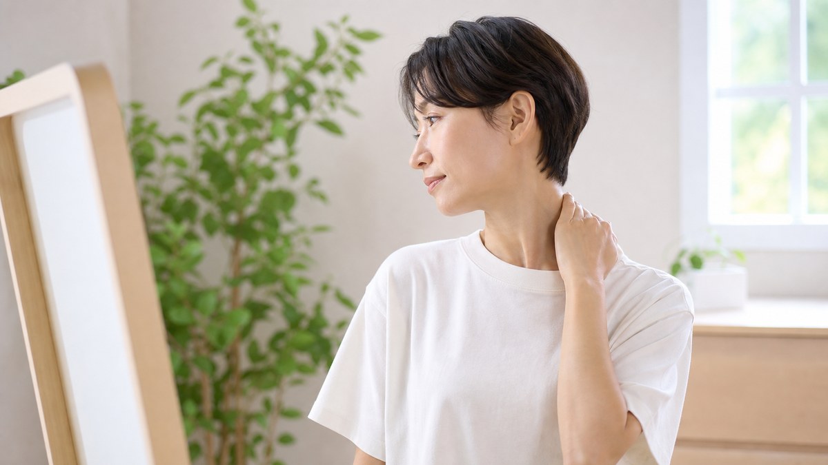首の動きと痛みをセルフチェックするイメージ