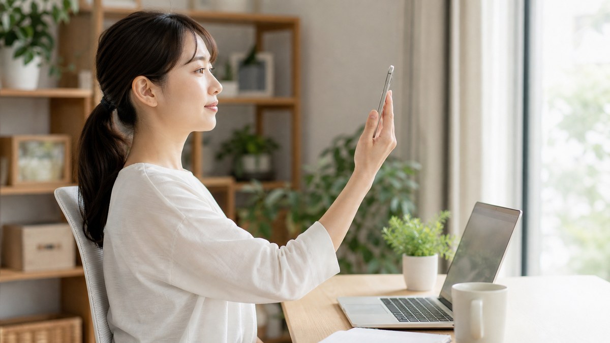 長時間うつむかないように首の姿勢を見直すイメージ