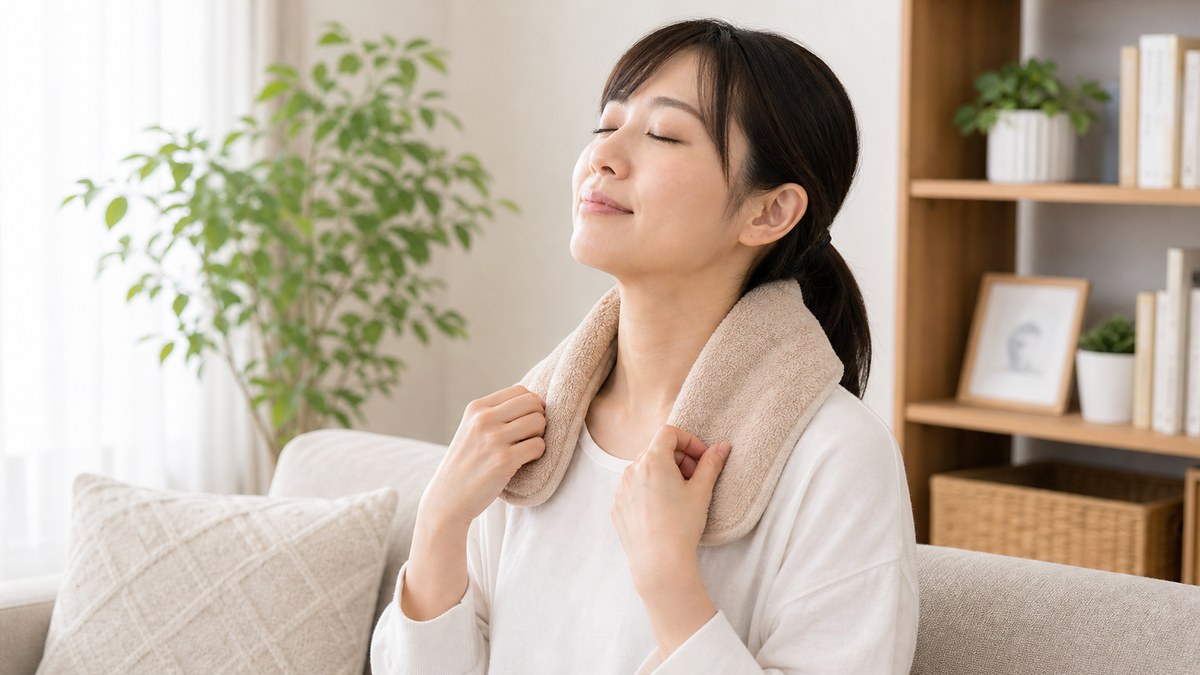 首肩を温めて肩こりをケアするイメージ