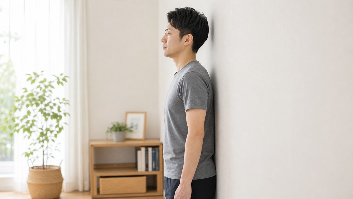 壁を使って姿勢をセルフチェックするイメージ