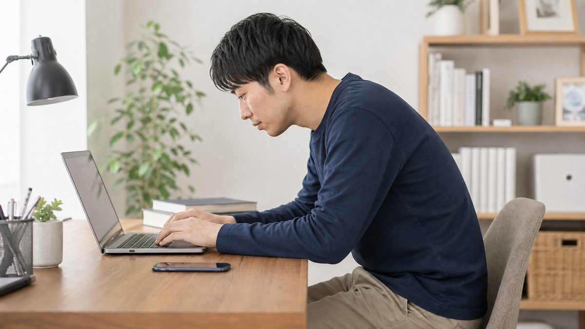 デスクワークで姿勢が崩れる原因を考えるイメージ