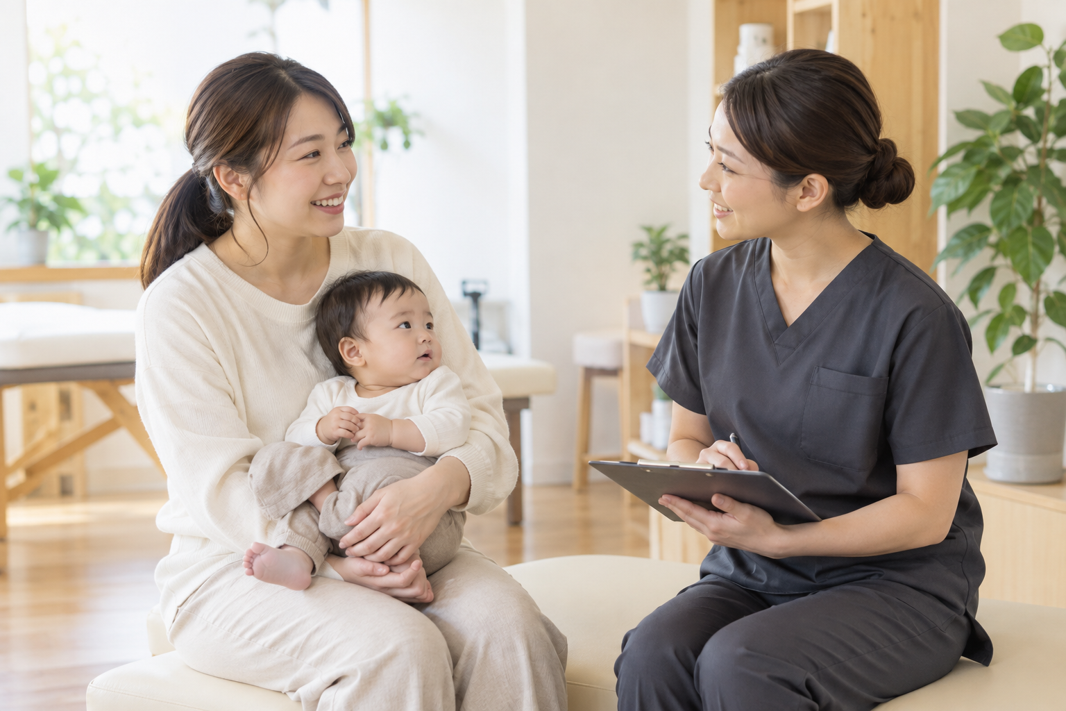 赤ちゃんを抱いた女性がカウンセリングを受けるAI生成イメージ